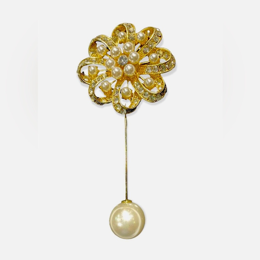 Vintage Inspired Gold Tone Faux Pearl Flower Stick Pin